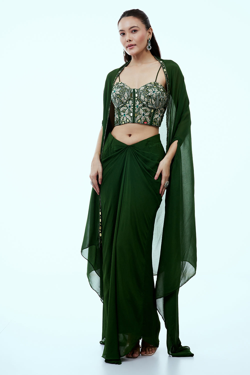 Green Crepe Co Ord Set with Mirror and Sequin Work