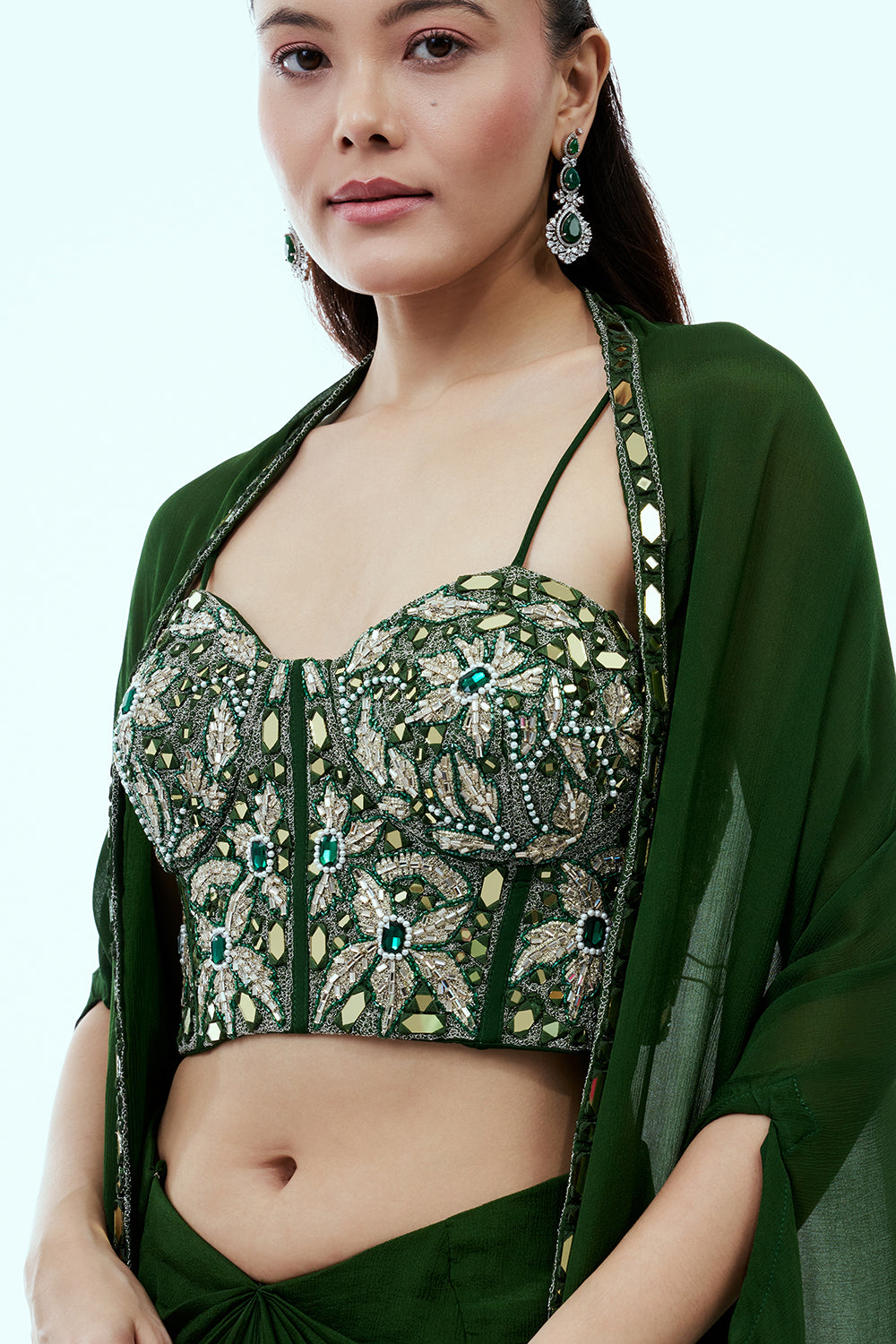 Green Crepe Co Ord Set with Mirror and Sequin Work