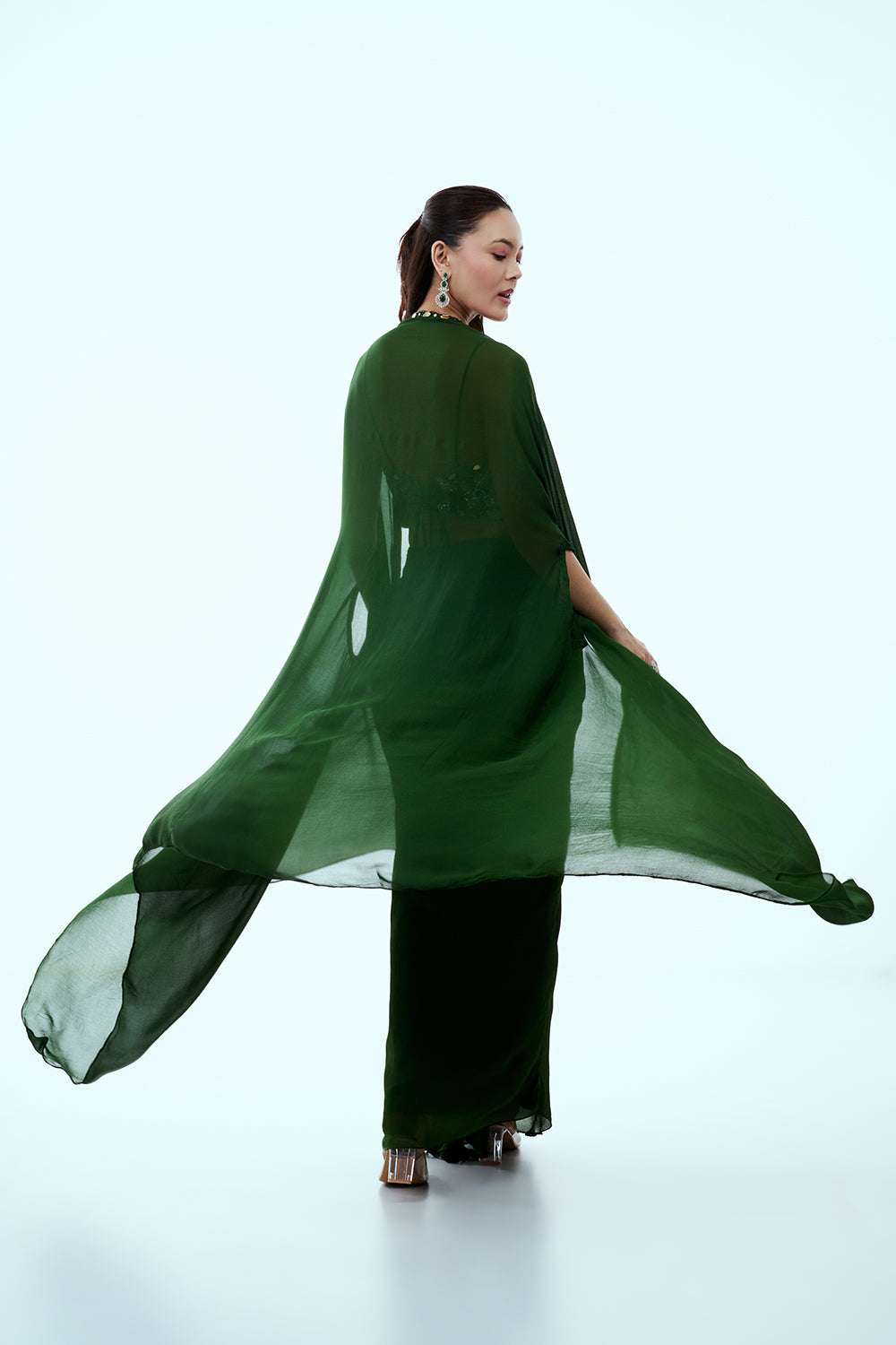 Green Crepe Co Ord Set with Mirror and Sequin Work
