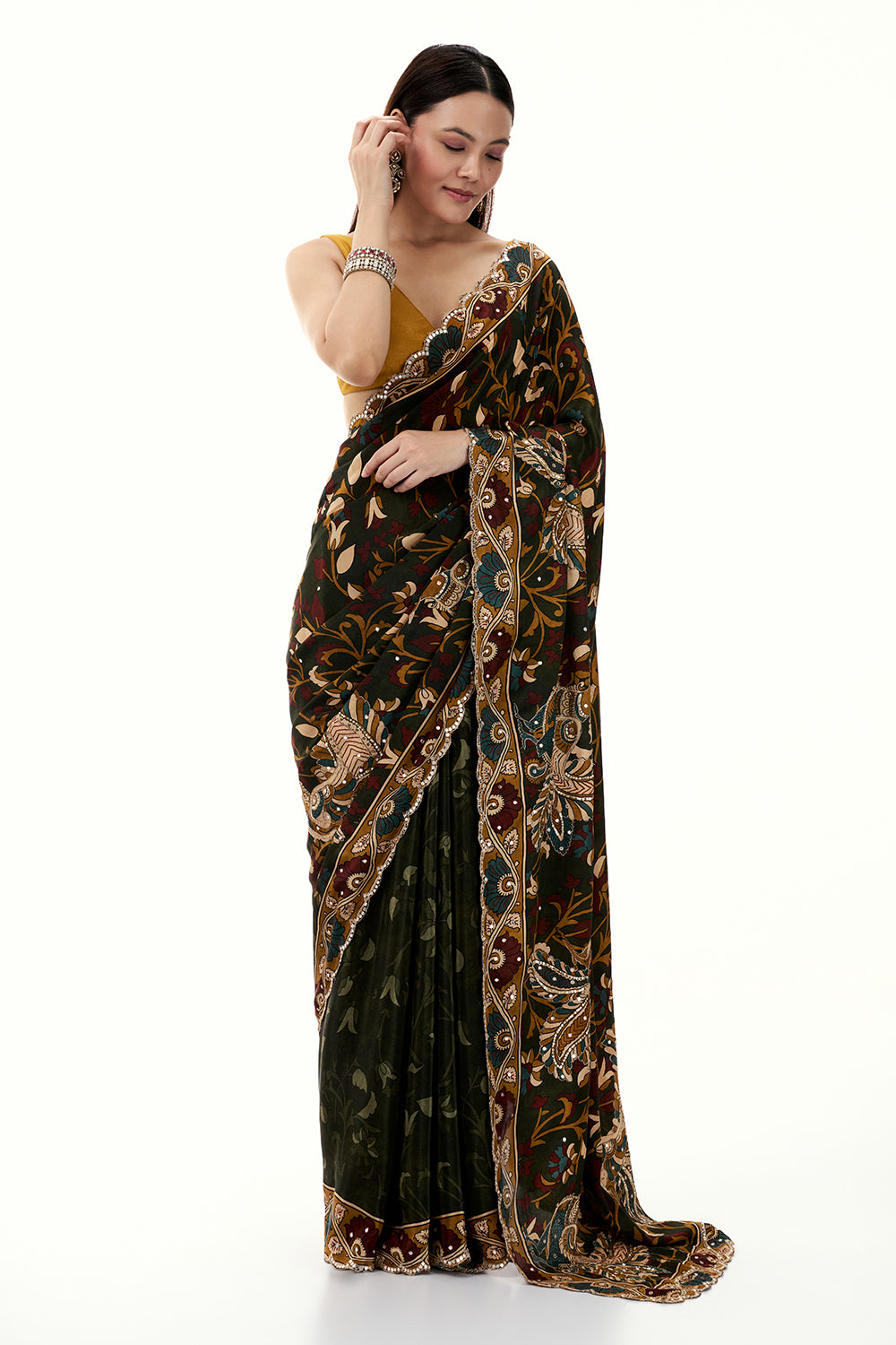 Green Crepe Half and Half Saree with Floral Motifs and Mirror Work