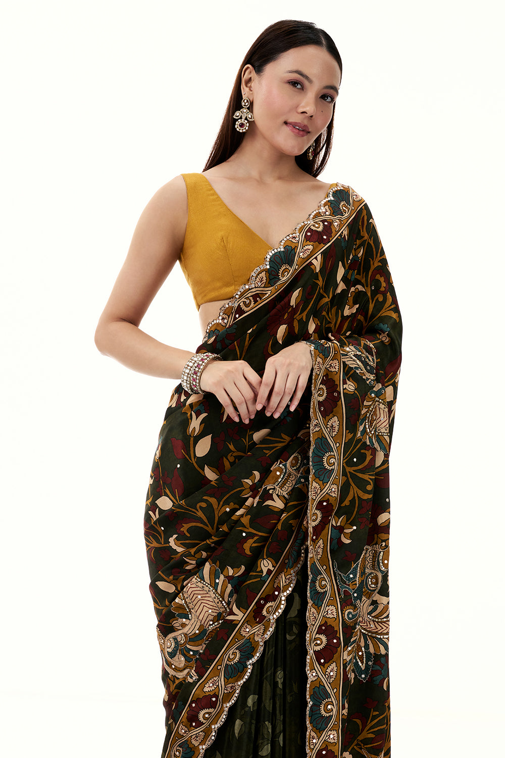 Green Crepe Half and Half Saree with Floral Motifs and Mirror Work