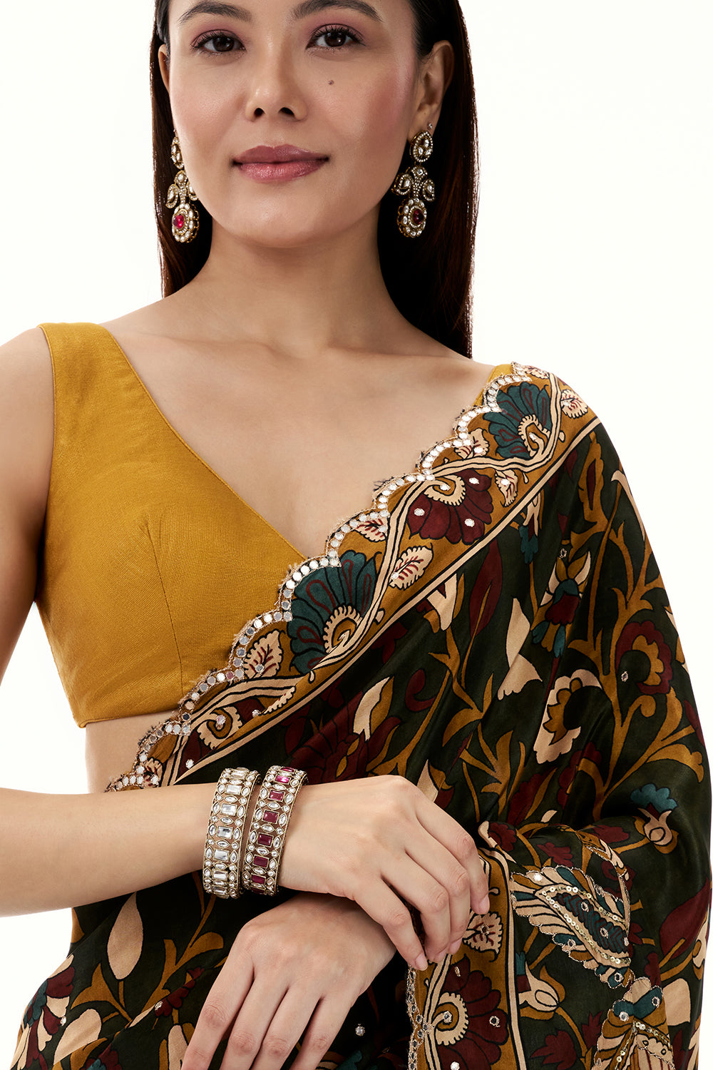 Green Crepe Half and Half Saree with Floral Motifs and Mirror Work