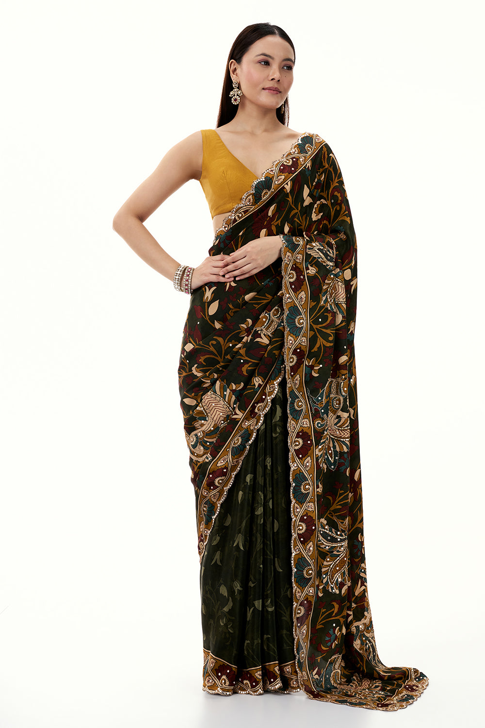 Green Crepe Half and Half Saree with Floral Motifs and Mirror Work