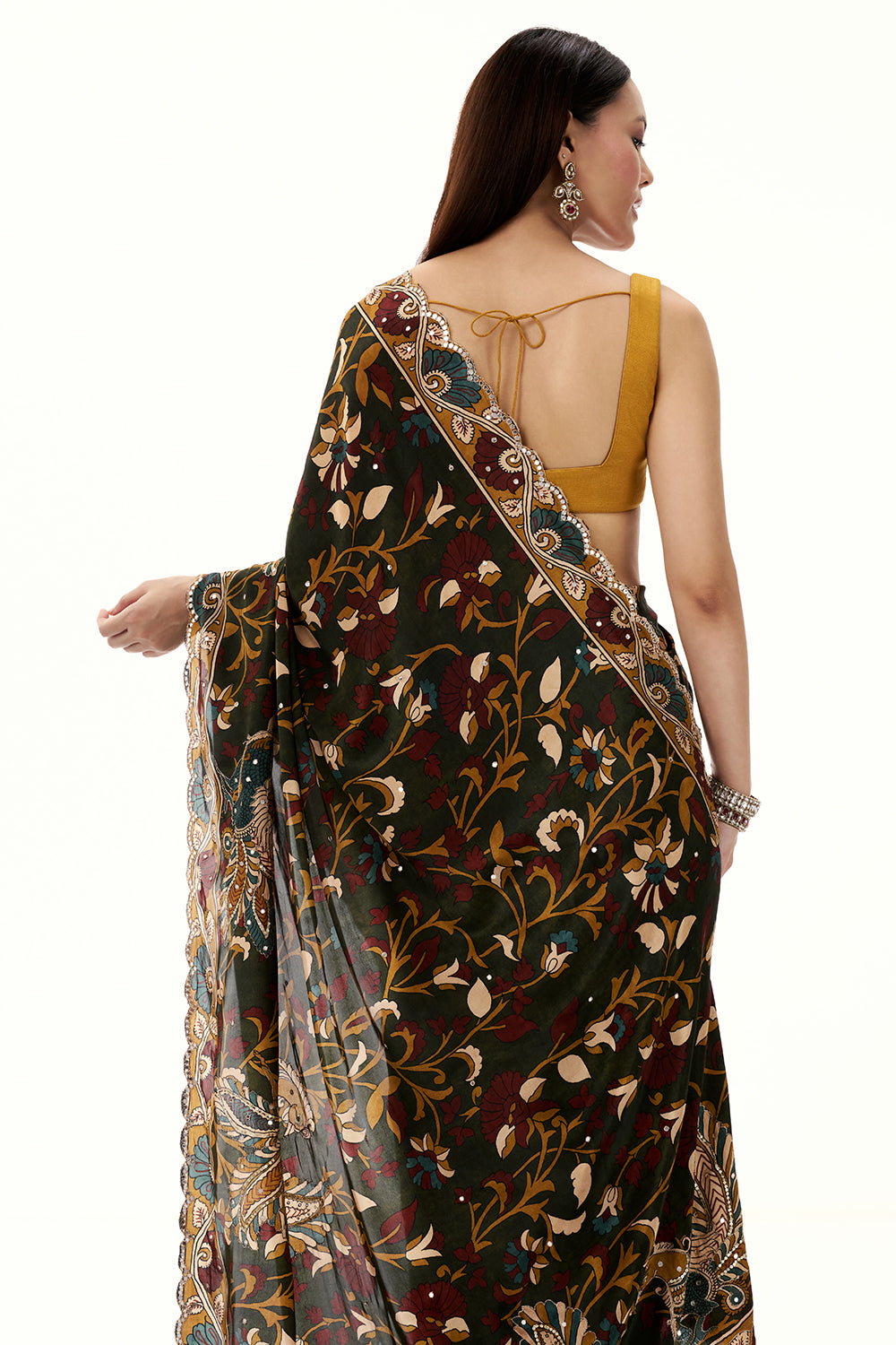 Green Crepe Half and Half Saree with Floral Motifs and Mirror Work