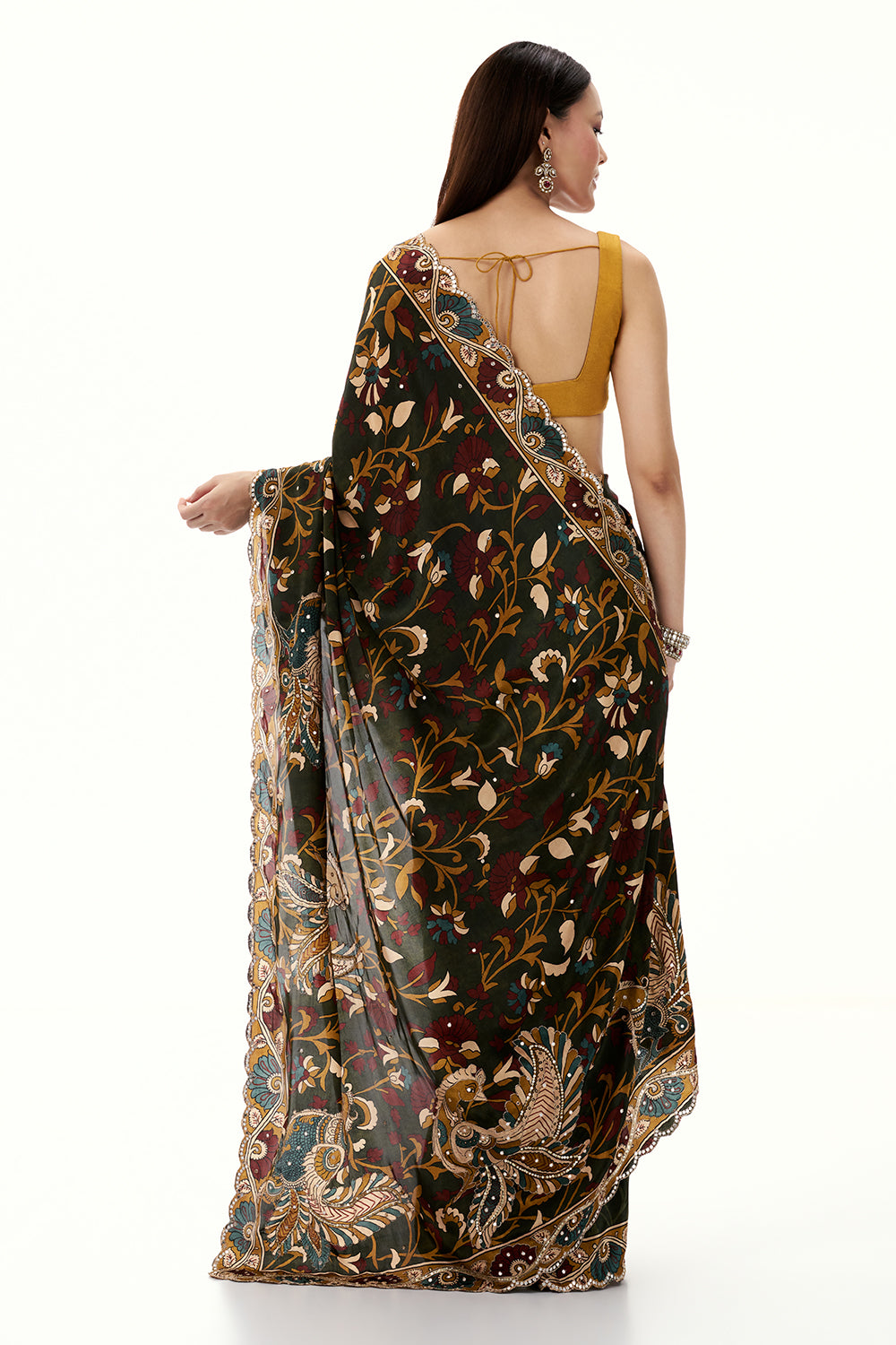Green Crepe Half and Half Saree with Floral Motifs and Mirror Work