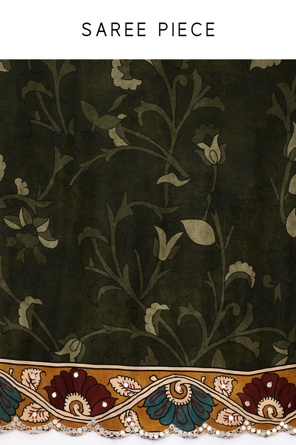 Green Crepe Half and Half Saree with Floral Motifs and Mirror Work
