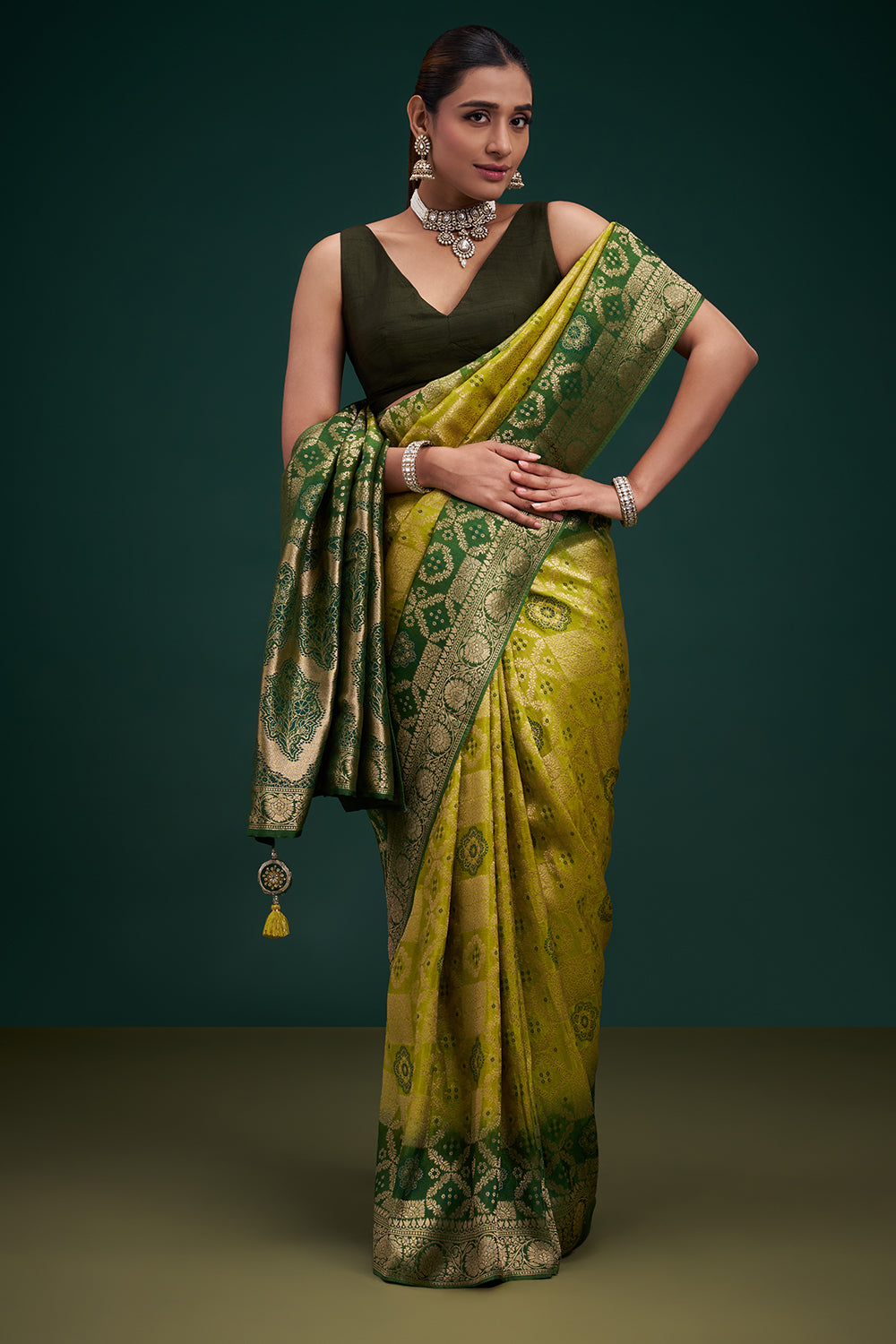 Green Dola Silk Saree with Banarasi-Inspired Motifs and Unstitched Blouse