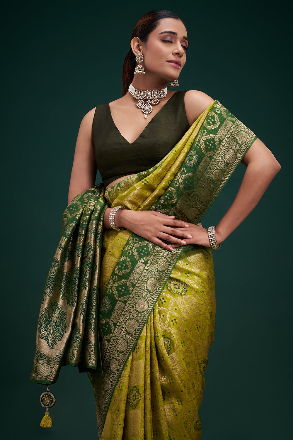 Green Dola Silk Saree with Banarasi-Inspired Motifs and Unstitched Blouse
