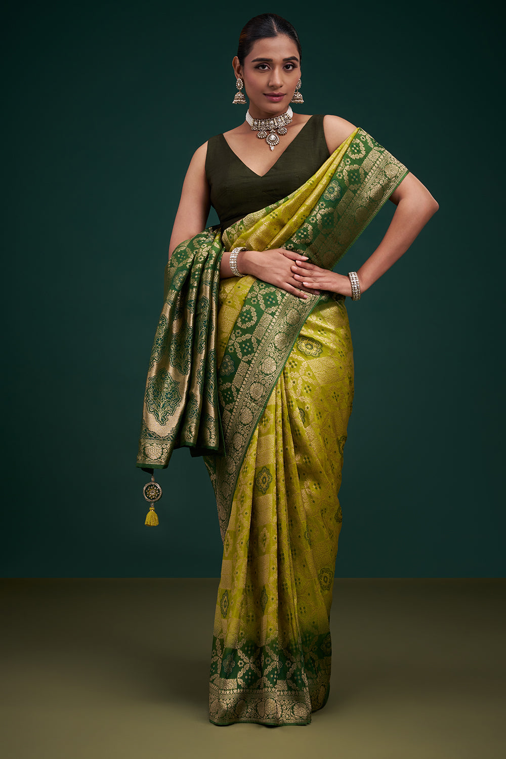 Green Dola Silk Saree with Banarasi-Inspired Motifs and Unstitched Blouse