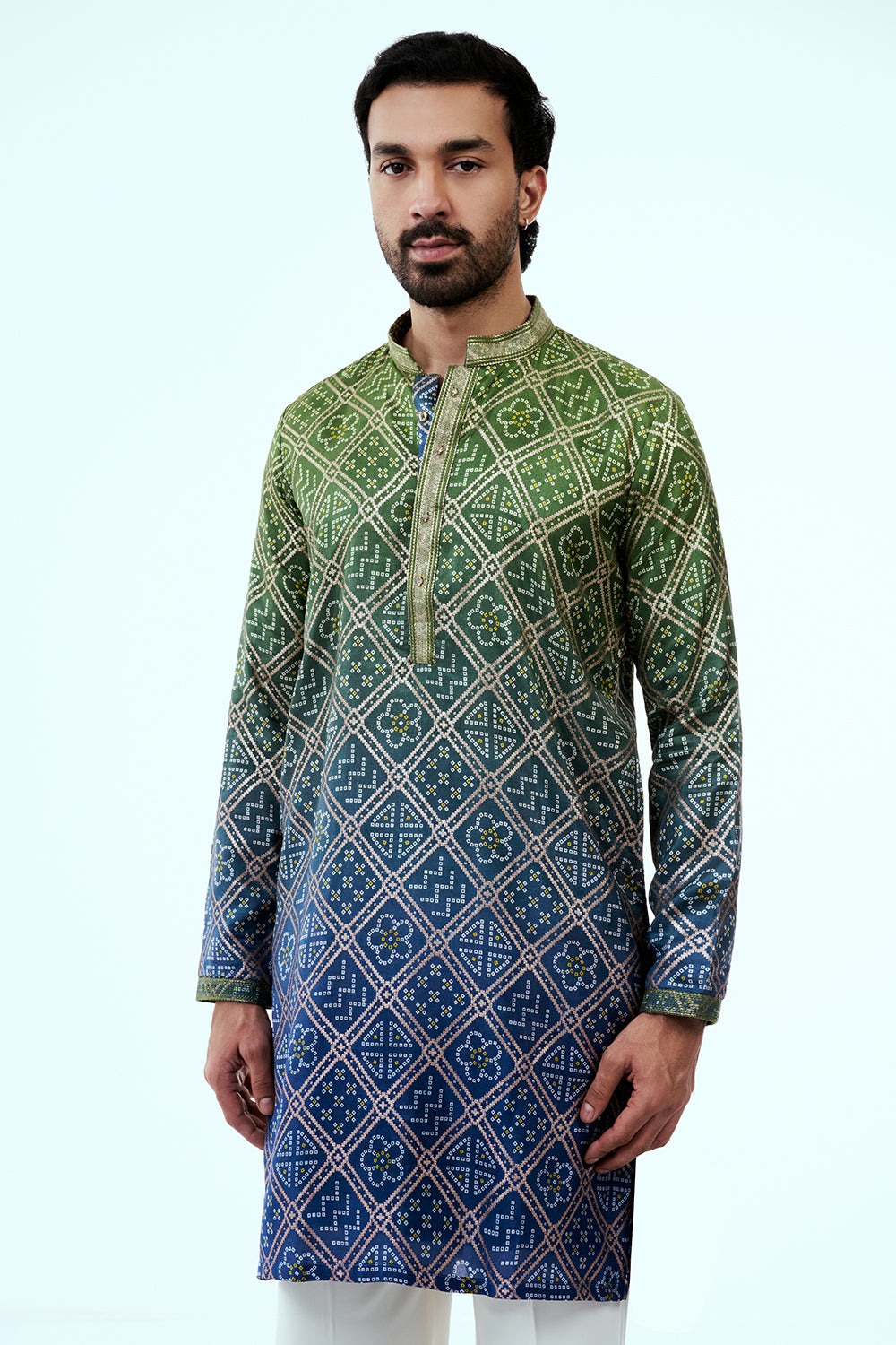 Green Dupion Silk Bandhani Mens Kurta Set with Zari Threadwork