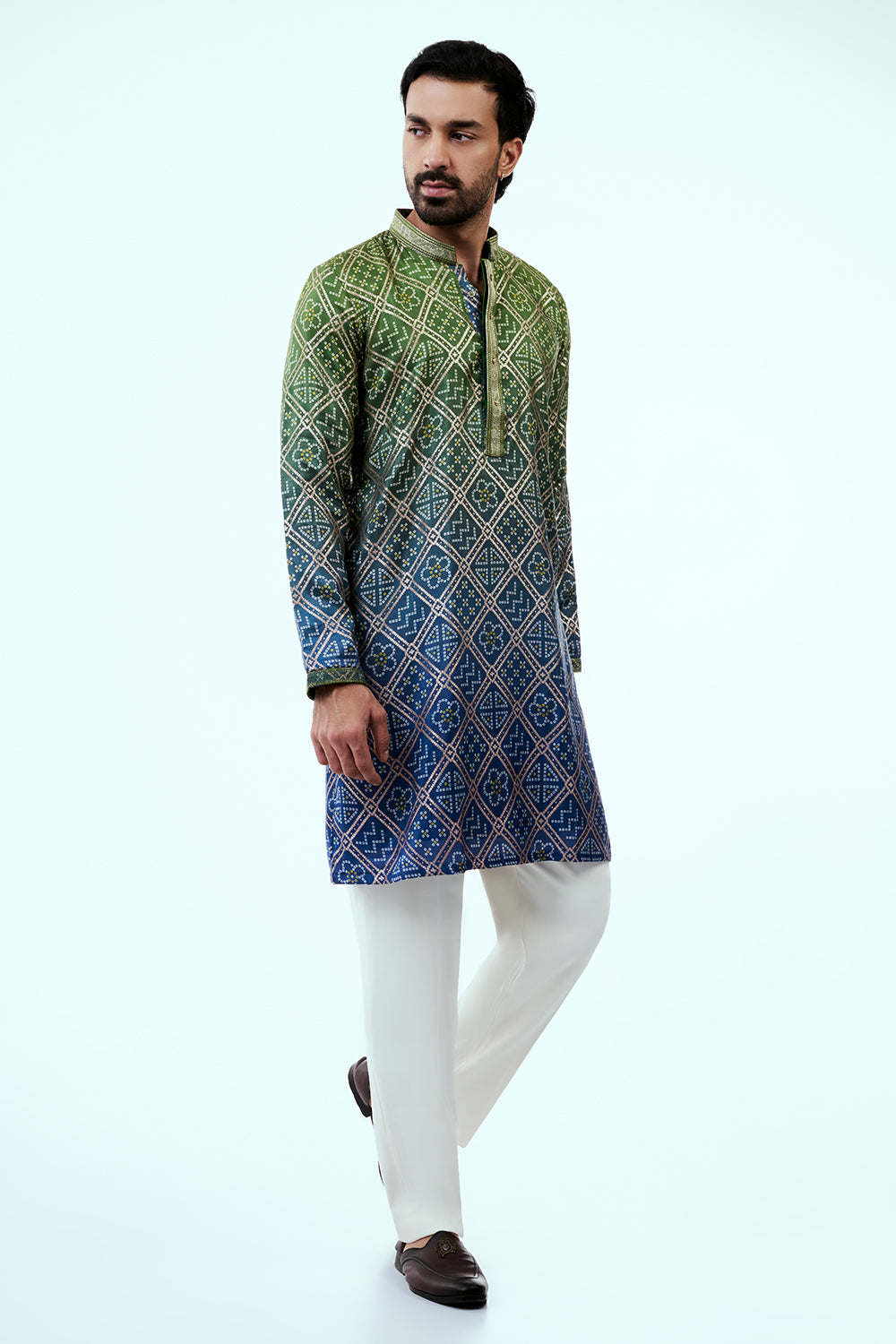 Green Dupion Silk Bandhani Mens Kurta Set with Zari Threadwork