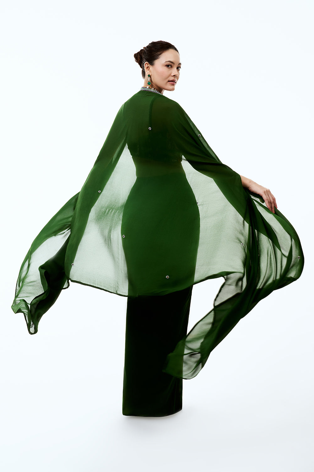 Green Georgette Indo Western Set with Pearl Cutdana Floral Work