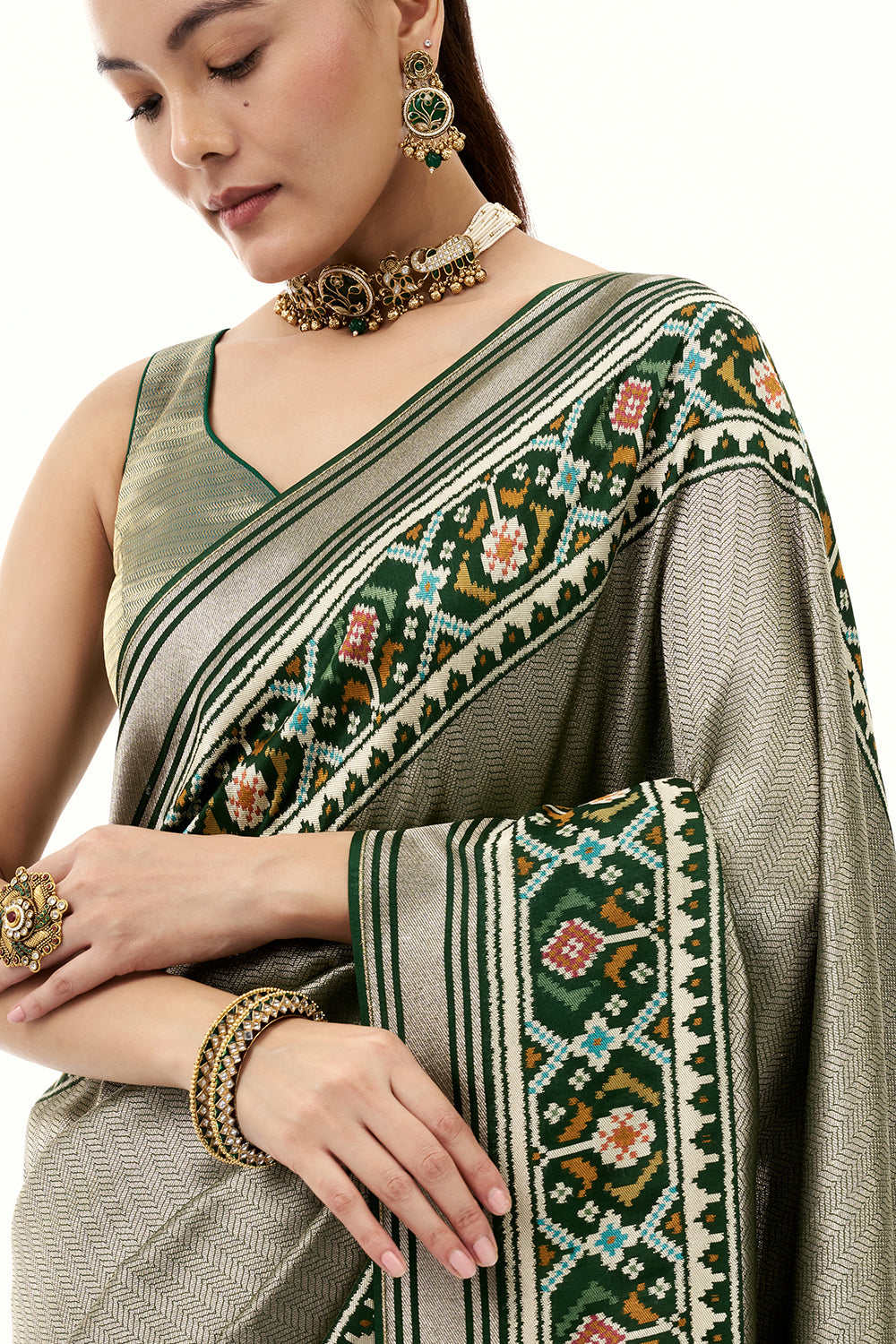 Green Jacquard Silk Saree with Patola Border