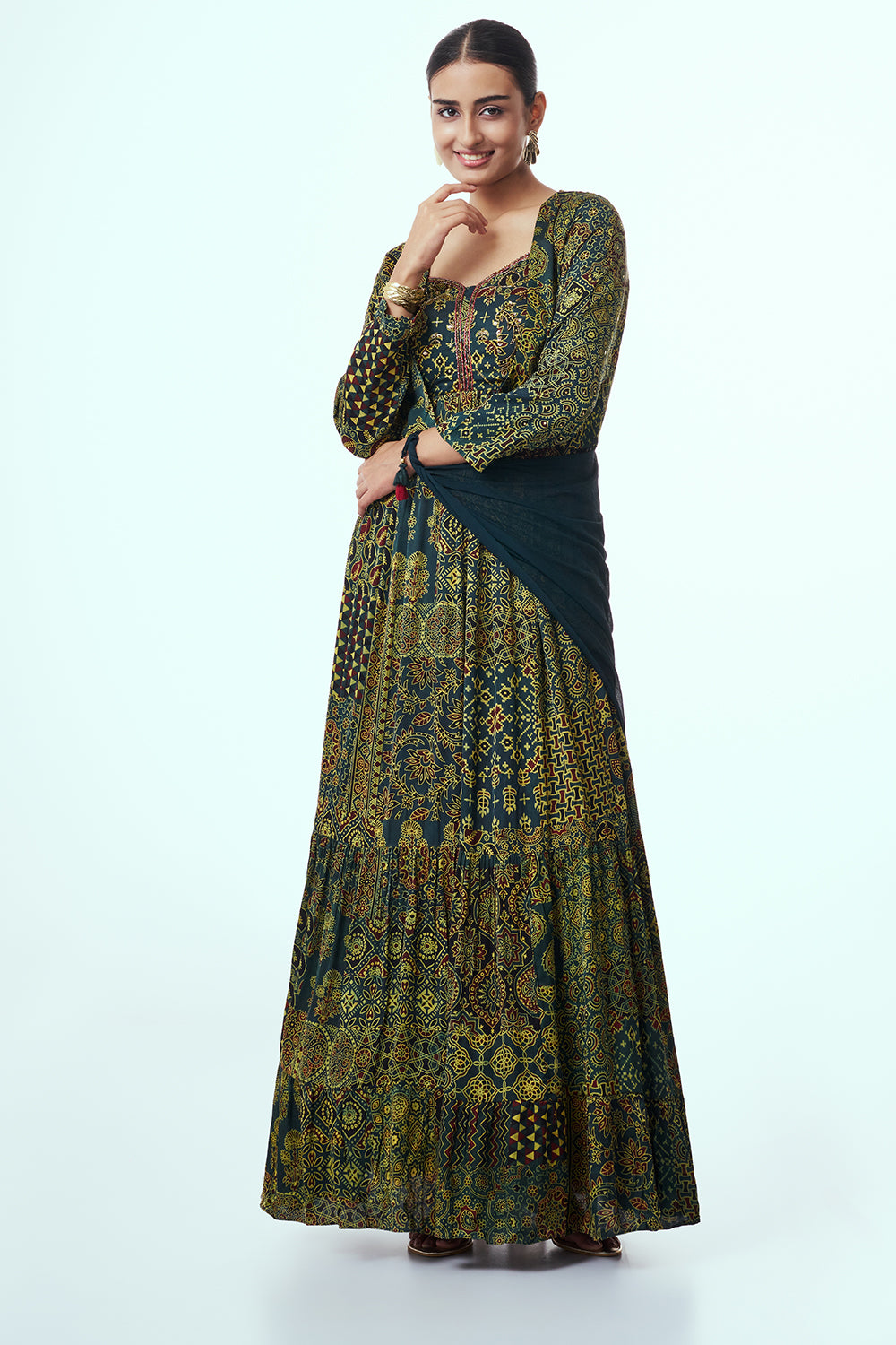 Green Modal Indo Western with Bead Work