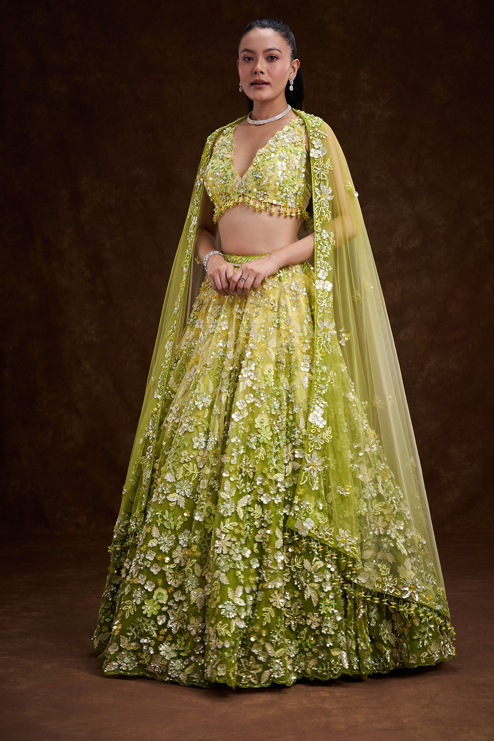 Green Ombré Net Bridal Lehenga with 3D Floral Embellishments