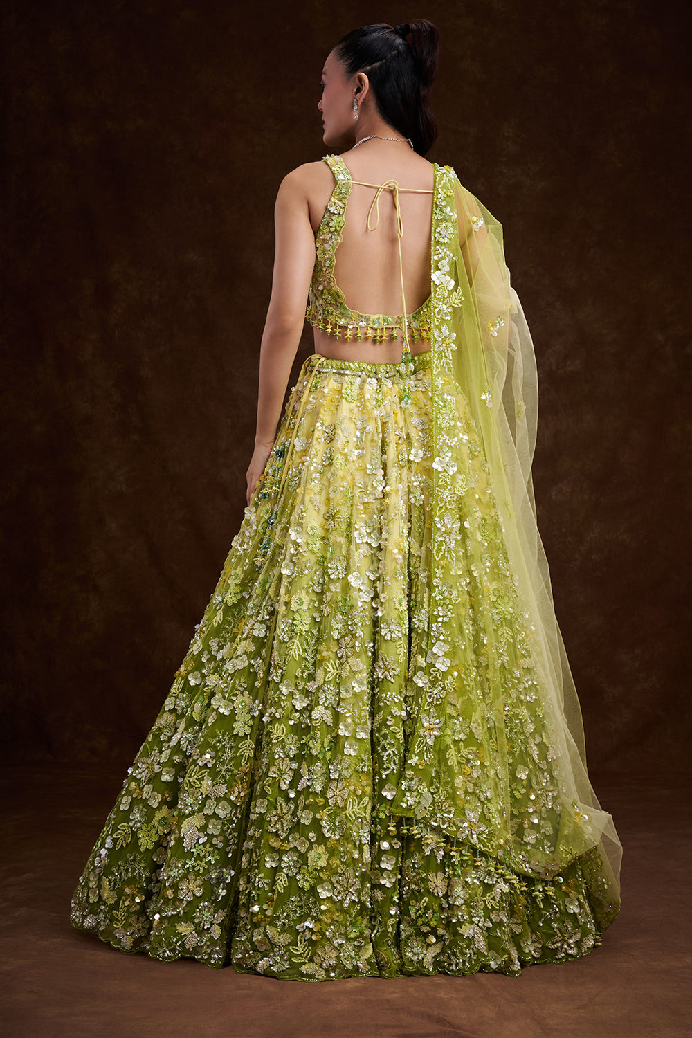 Green Ombré Net Bridal Lehenga with 3D Floral Embellishments