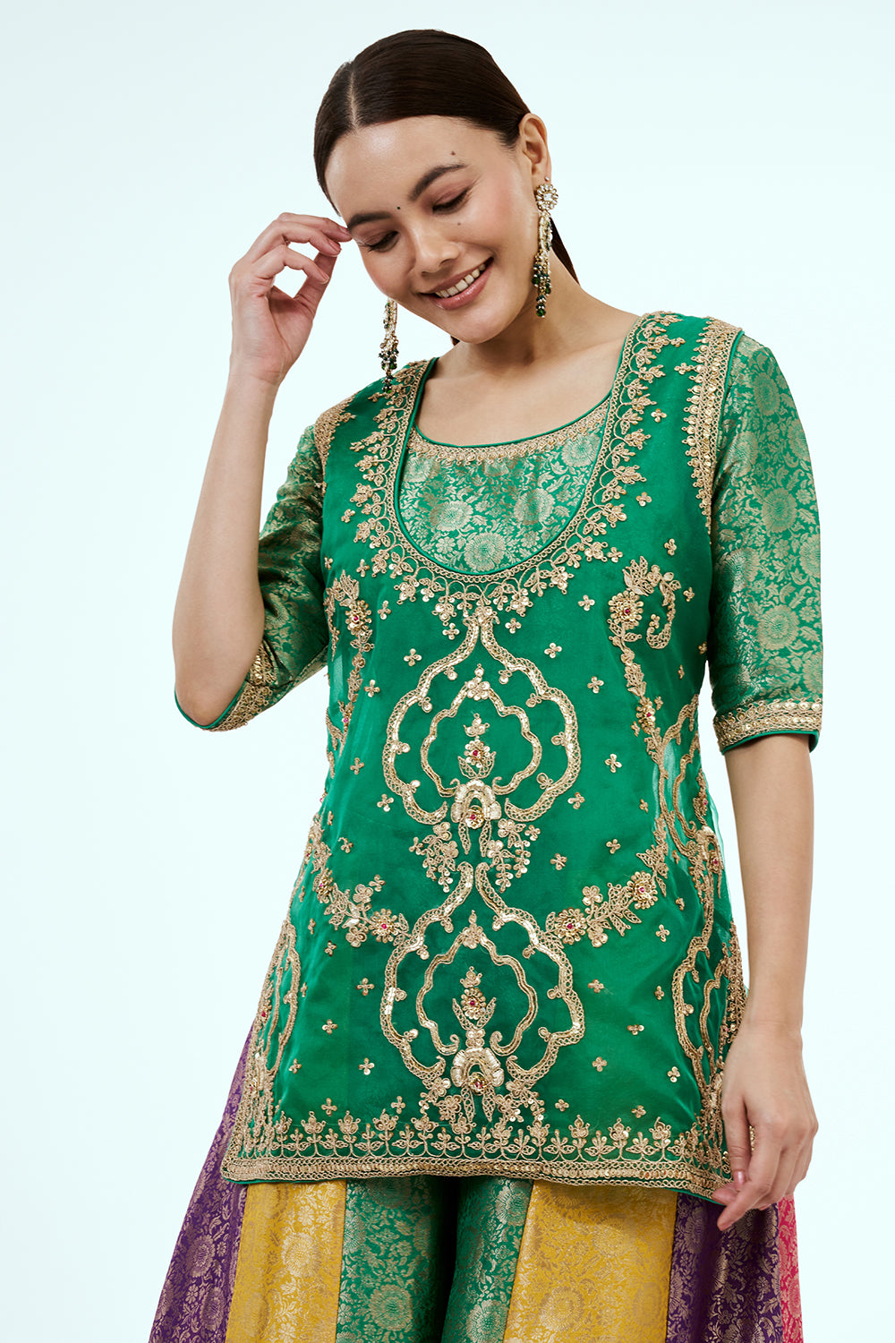Green Organza Co-ord Set with Zardosi Work and Multicoloured Brocade Pants