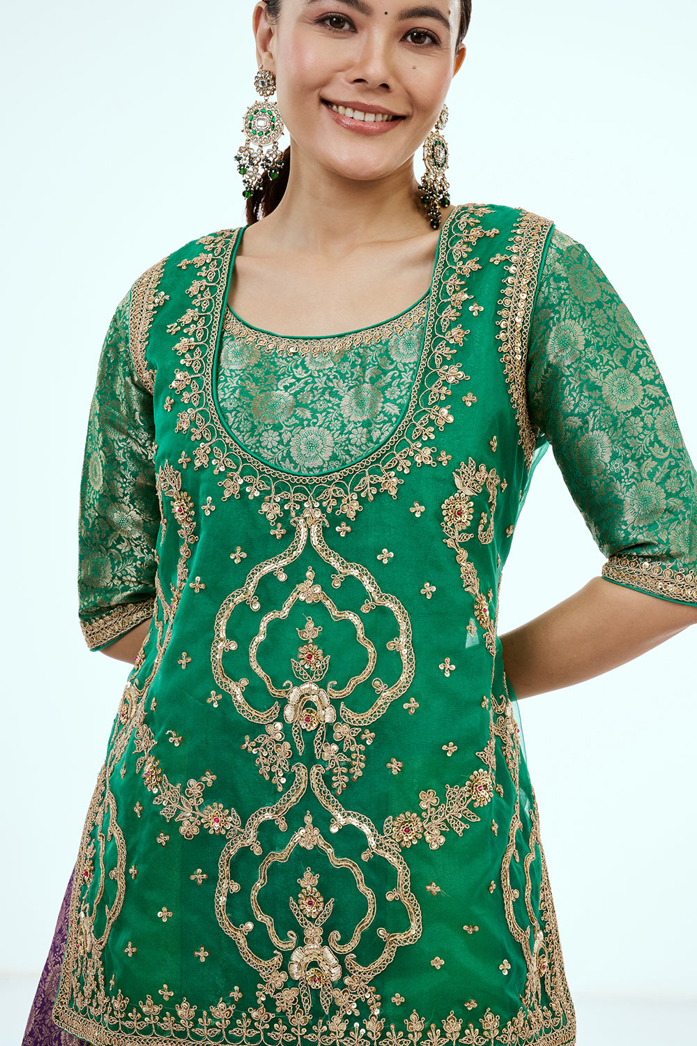 Green Organza Co-ord Set with Zardosi Work and Multicoloured Brocade Pants