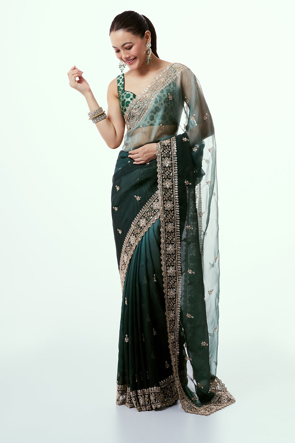 Green Organza Saree with Cutdana Border