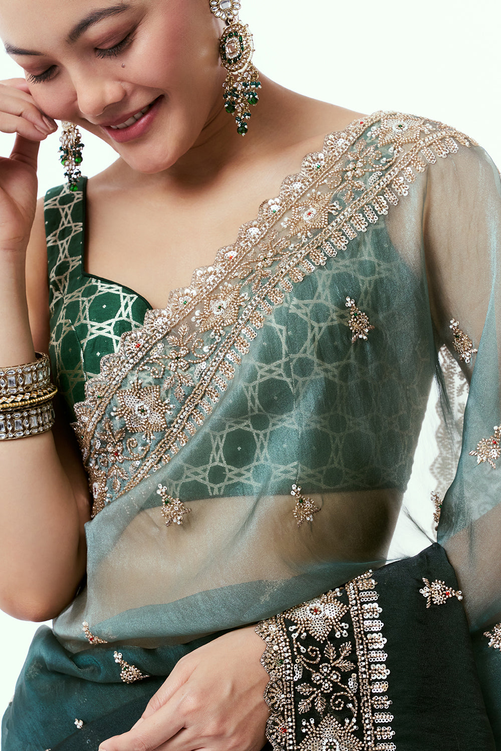 Green Organza Saree with Cutdana Border