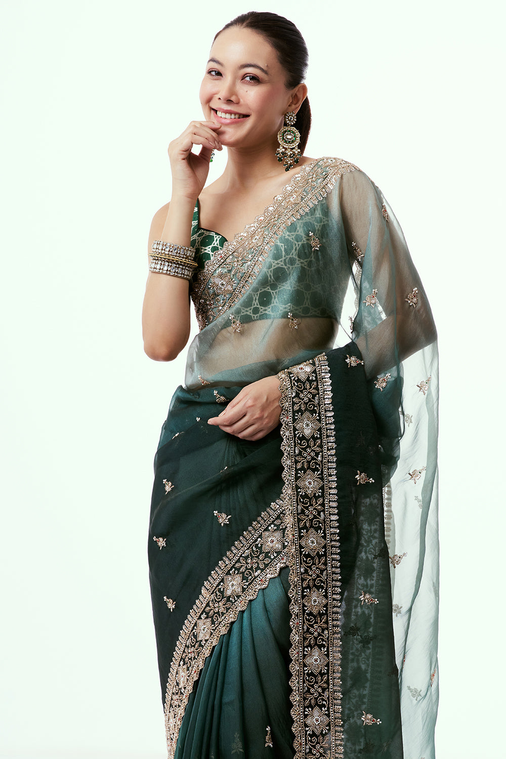 Green Organza Saree with Cutdana Border