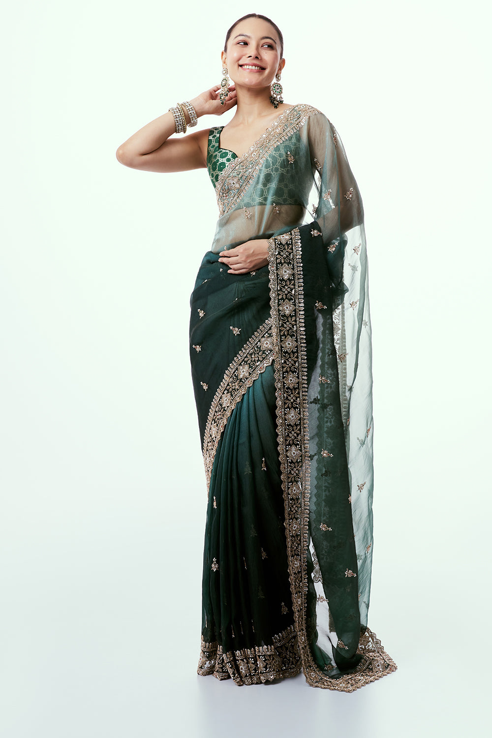 Green Organza Saree with Cutdana Border