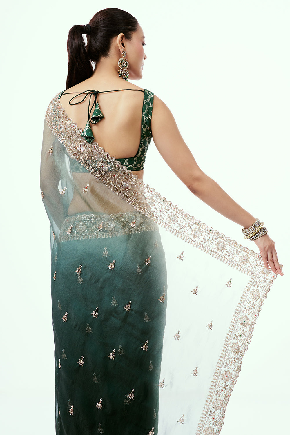 Green Organza Saree with Cutdana Border