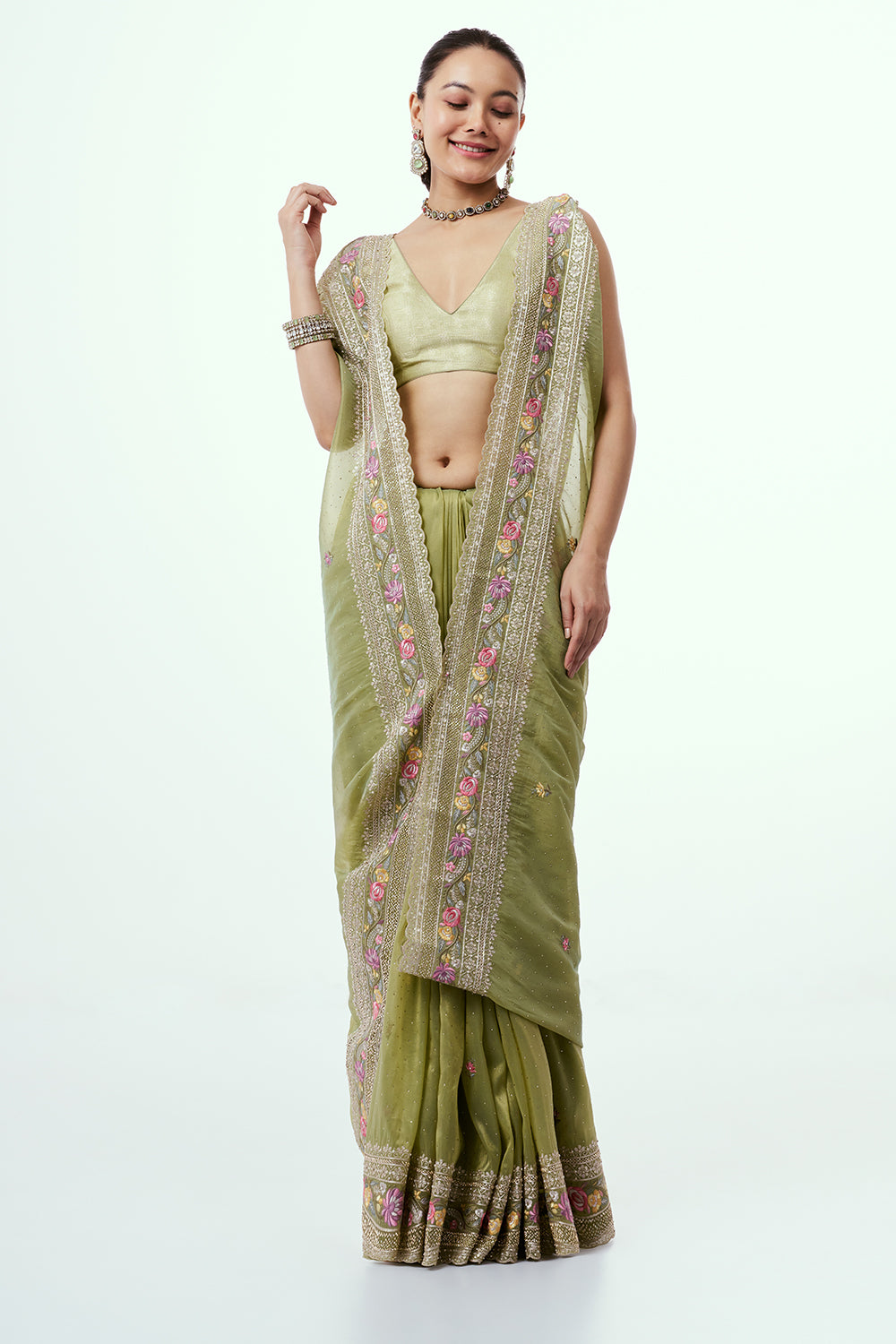 Green Organza Saree with Resham-Embroidered Border