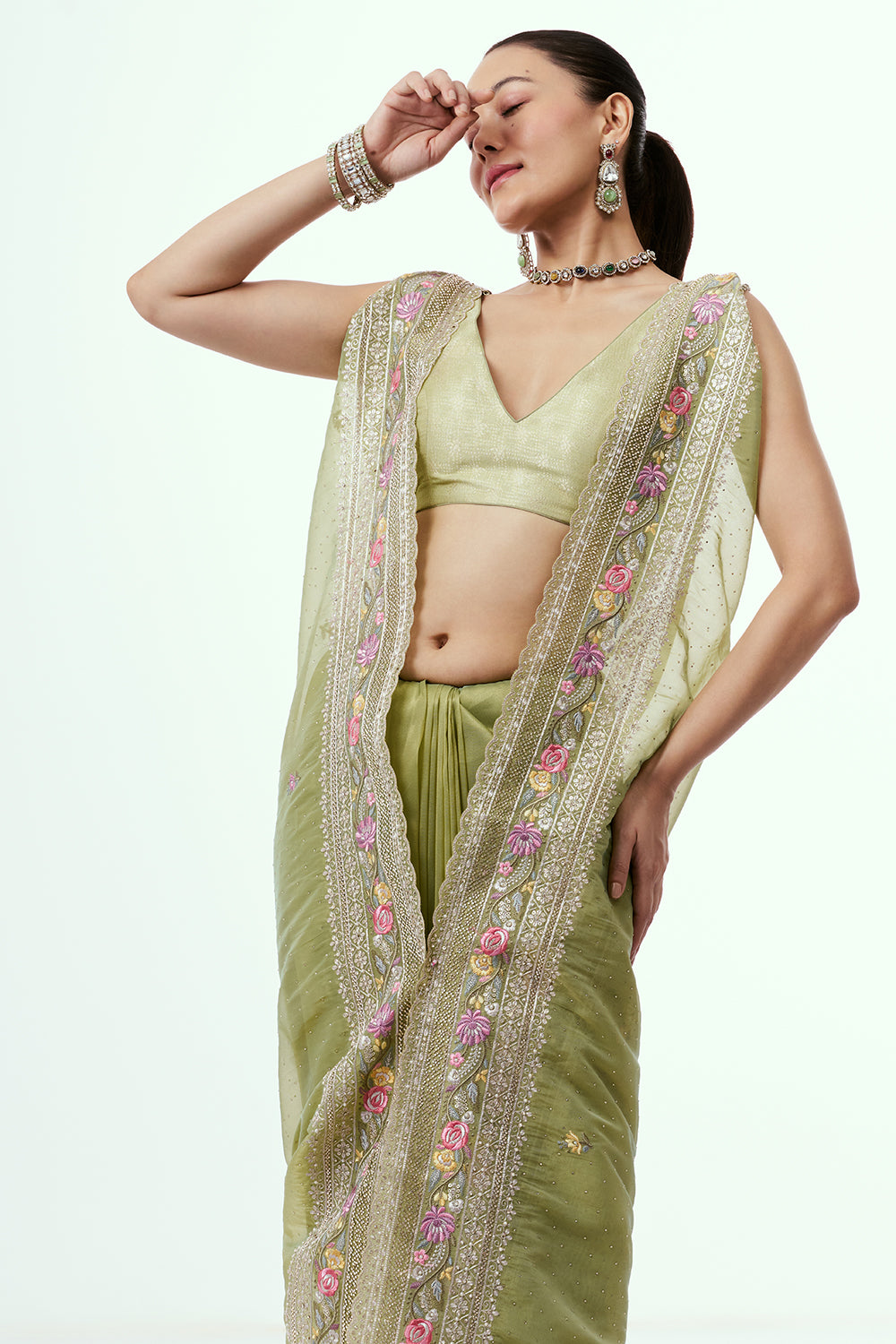 Green Organza Saree with Resham-Embroidered Border