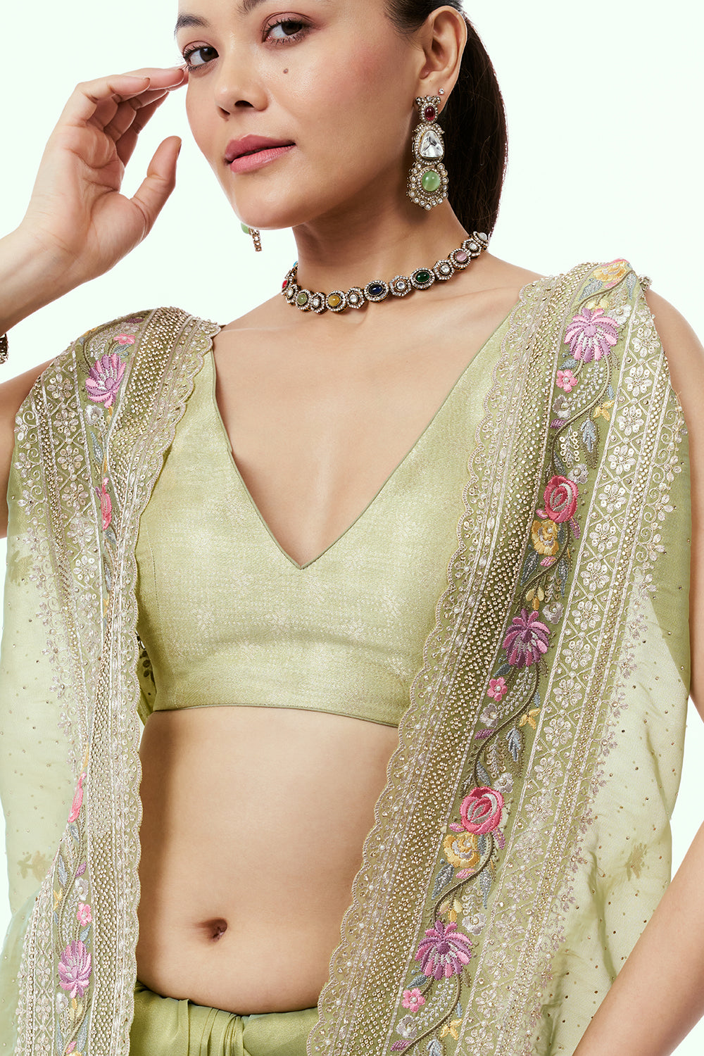 Green Organza Saree with Resham-Embroidered Border