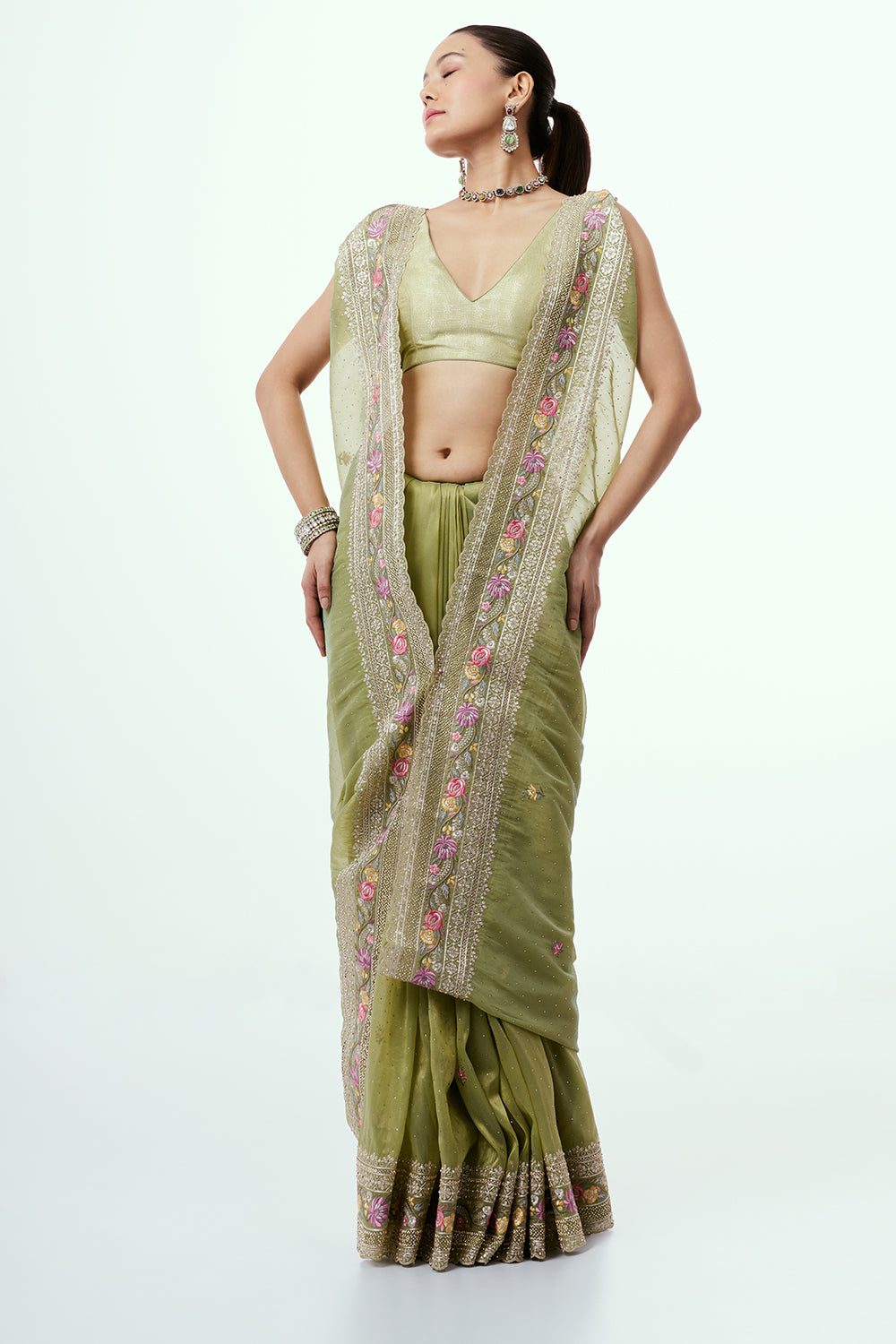 Green Organza Saree with Resham-Embroidered Border