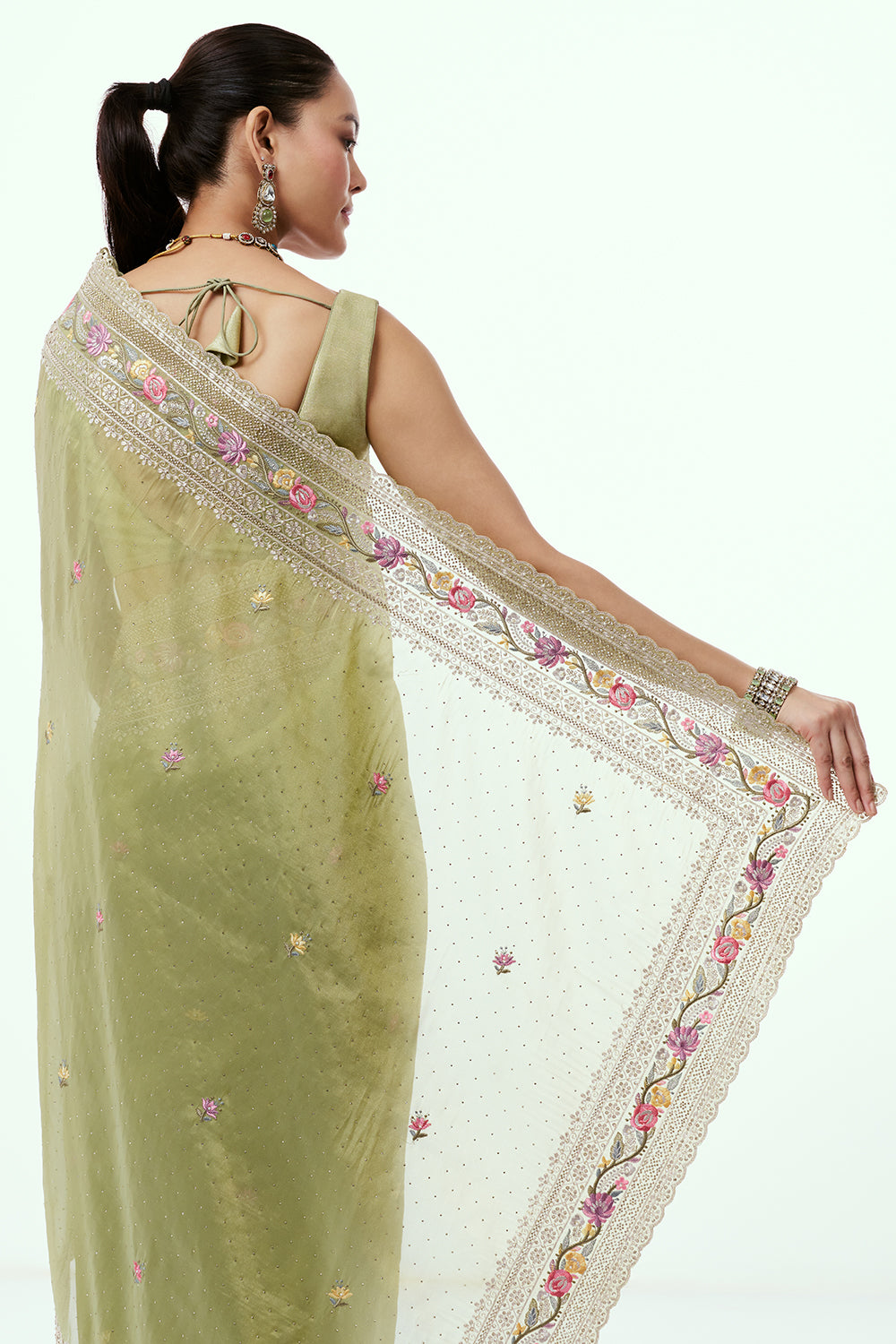 Green Organza Saree with Resham-Embroidered Border