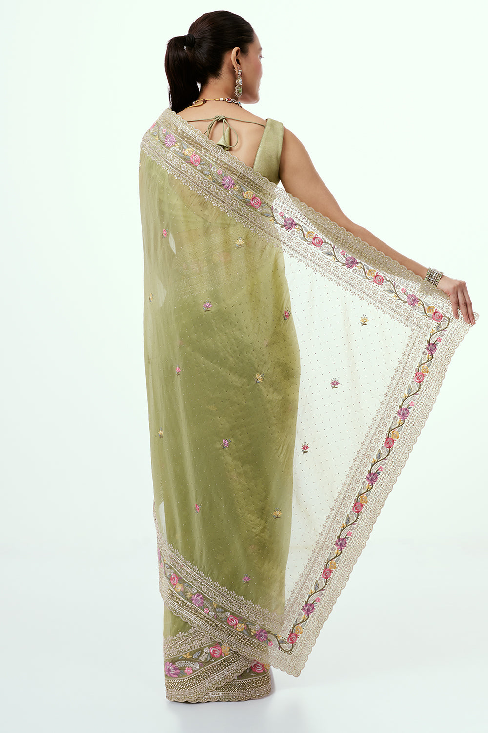 Green Organza Saree with Resham-Embroidered Border