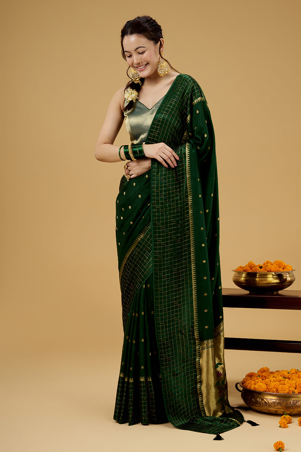 Green Satin Silk Saree with Zari Work