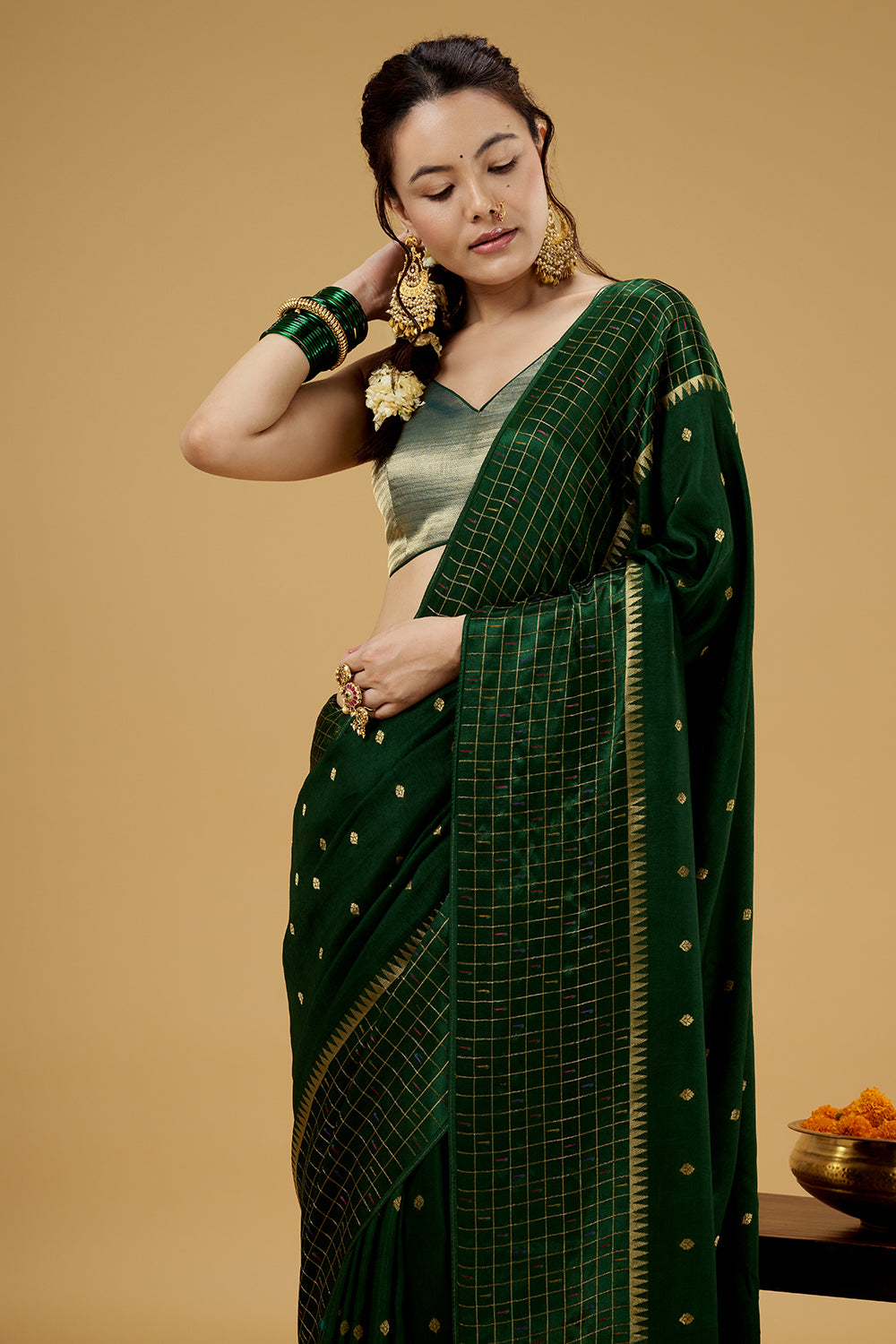 Green Satin Silk Saree with Zari Work
