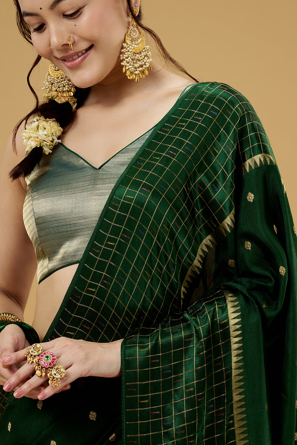 Green Satin Silk Saree with Zari Work