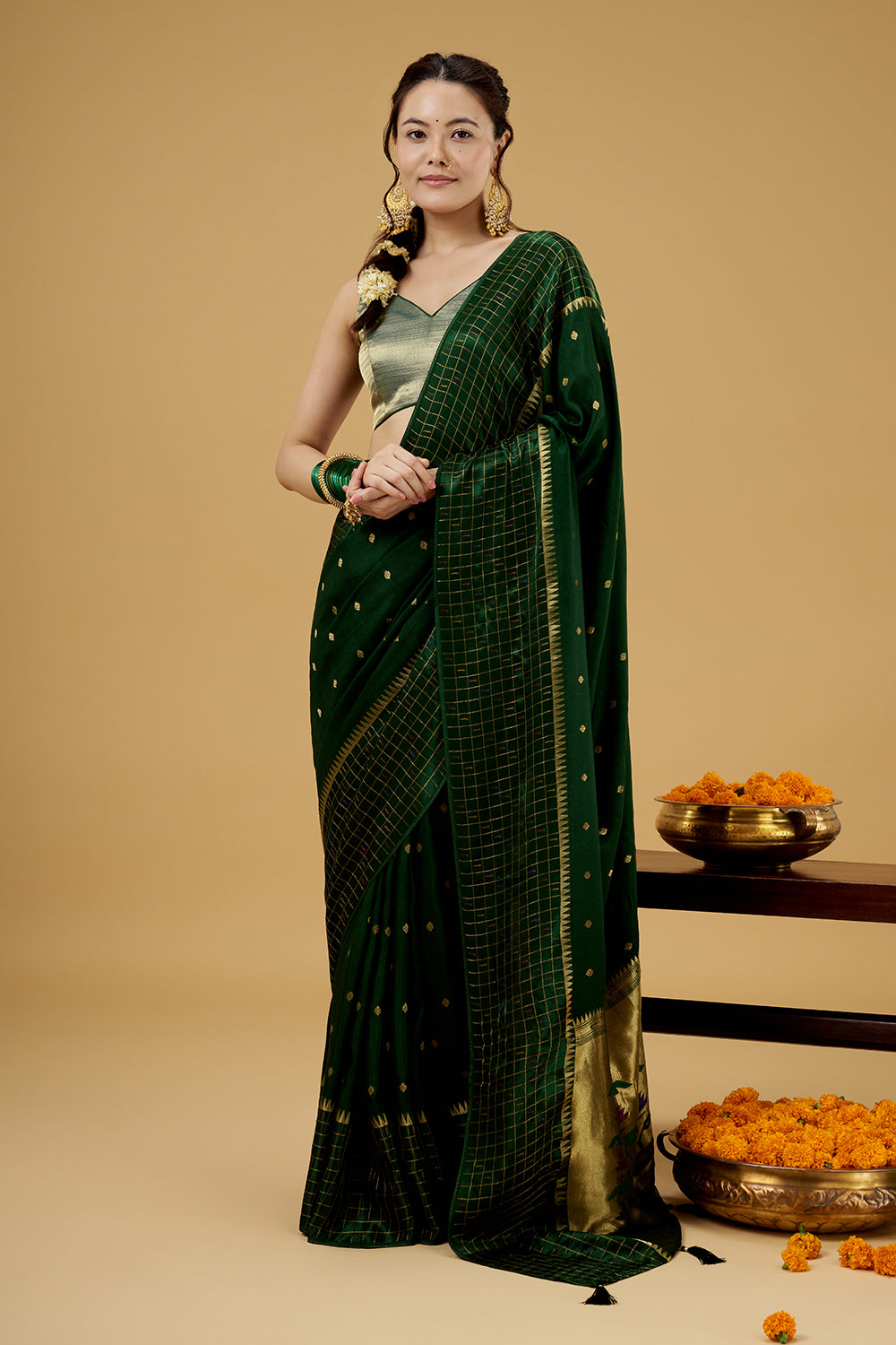 Green Satin Silk Saree with Zari Work