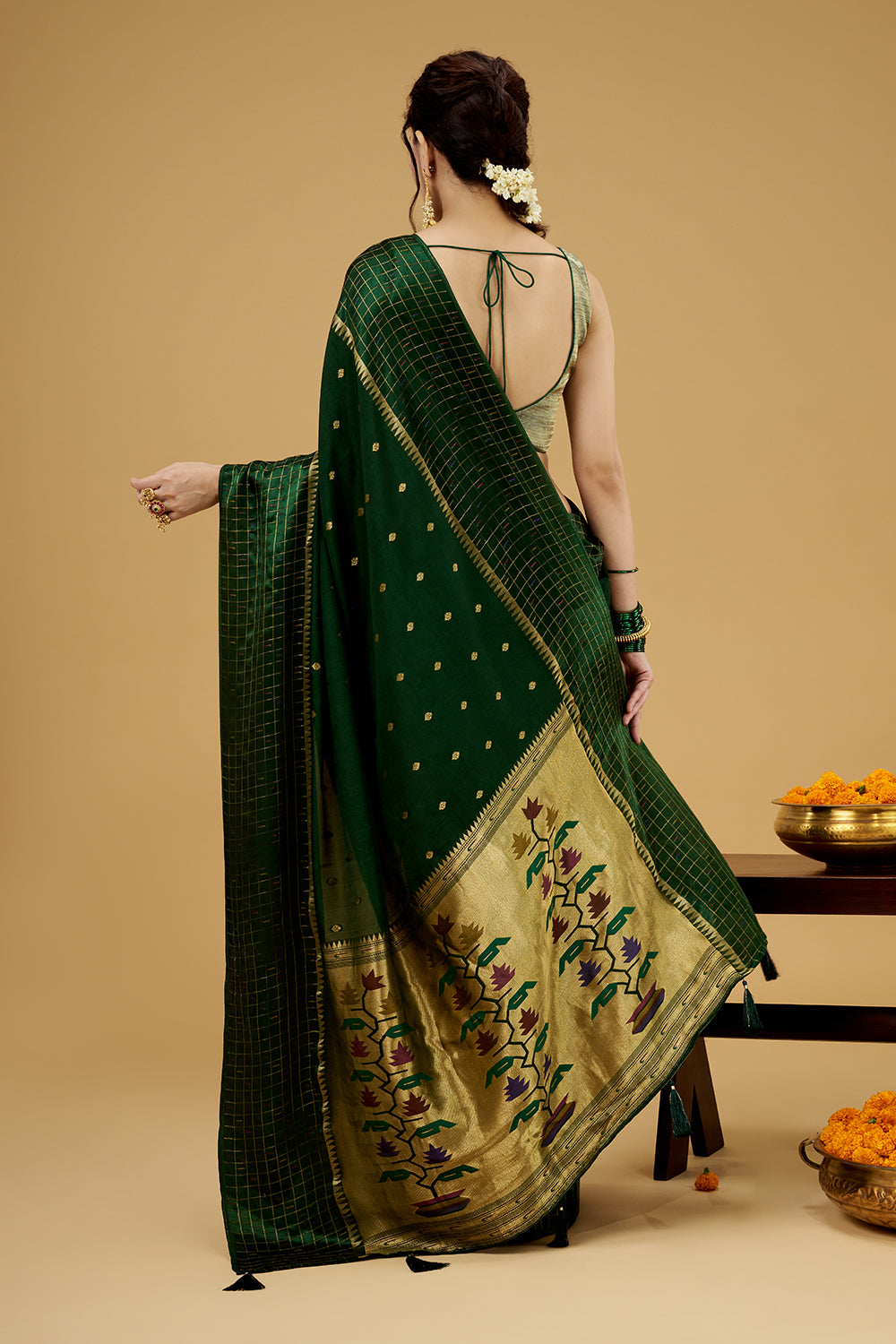 Green Satin Silk Saree with Zari Work