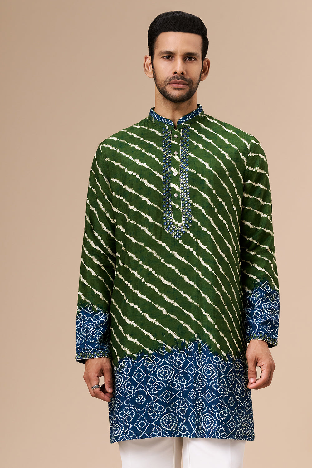 Green Shaded Cotton Silk Mens Kurta Set with Lehariya Print and Abla Work