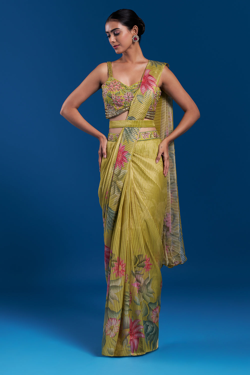 Green Shimmer Pre-Draped Saree Set with Bead Work