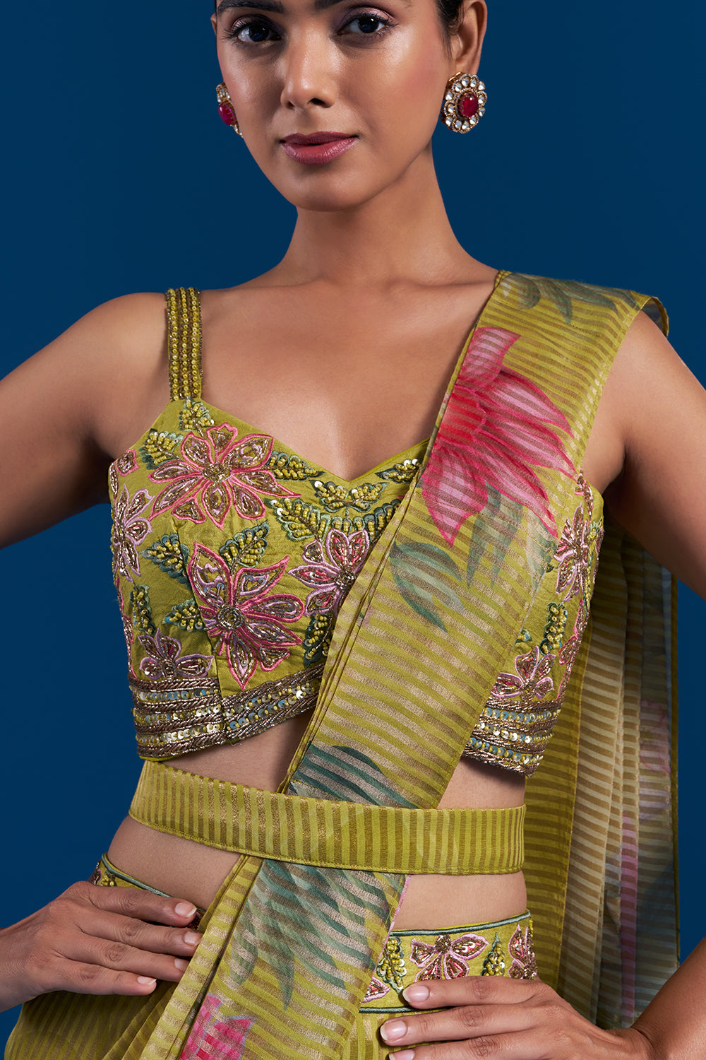 Green Shimmer Pre-Draped Saree Set with Bead Work