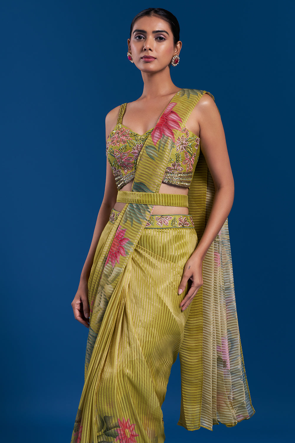 Green Shimmer Pre-Draped Saree Set with Bead Work
