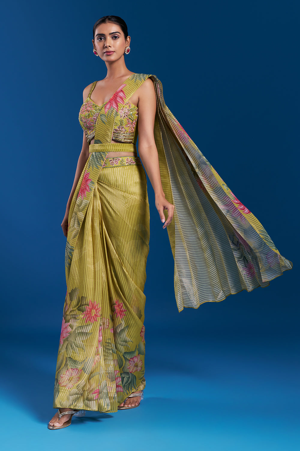 Green Shimmer Pre-Draped Saree Set with Bead Work