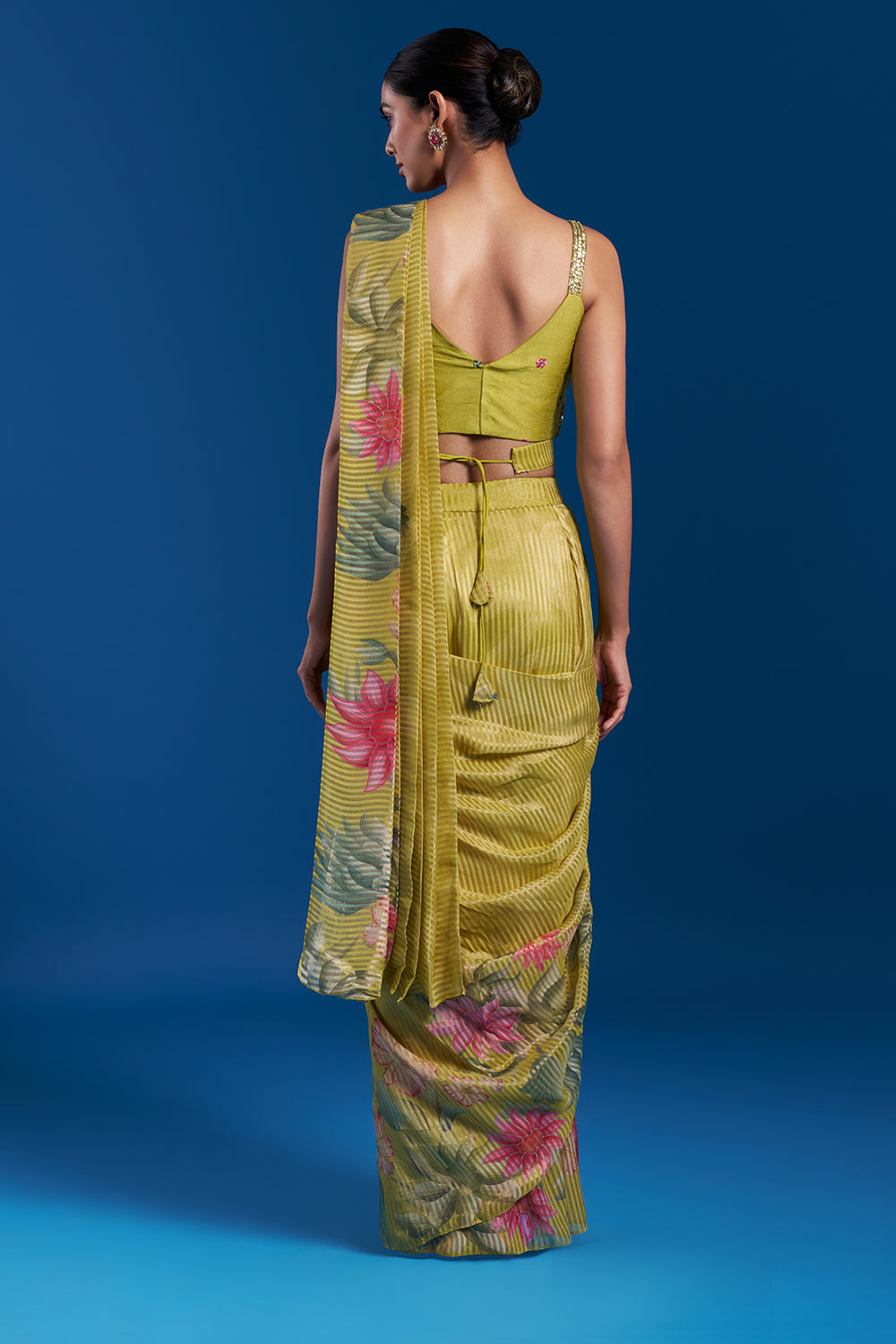 Green Shimmer Pre-Draped Saree Set with Bead Work