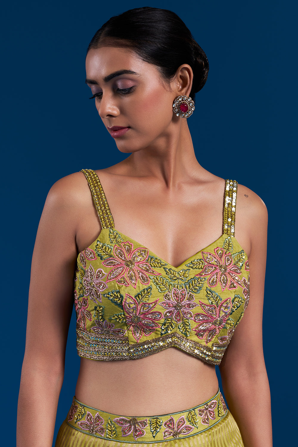 Green Shimmer Pre-Draped Saree Set with Bead Work