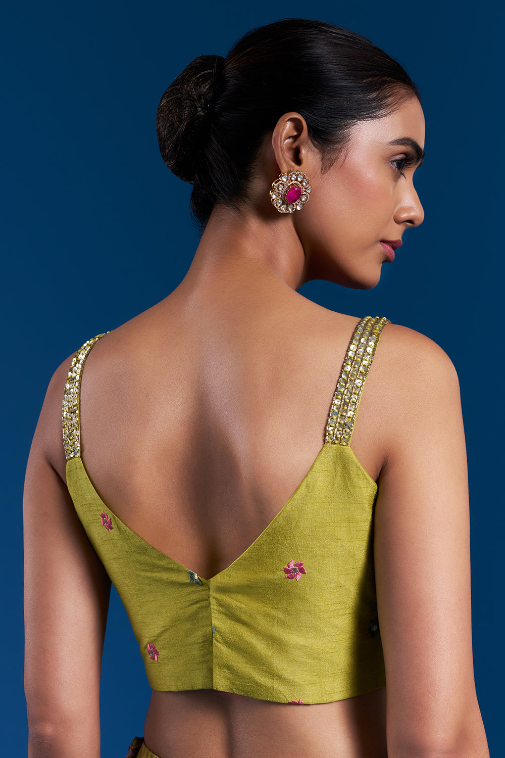 Green Shimmer Pre-Draped Saree Set with Bead Work