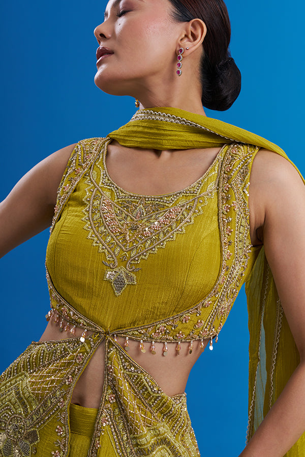 Green Shimmer Sharara Set with Bead Embroidery