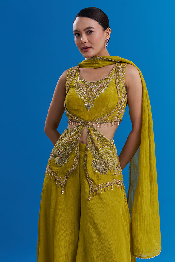 Green Shimmer Sharara Set with Bead Embroidery