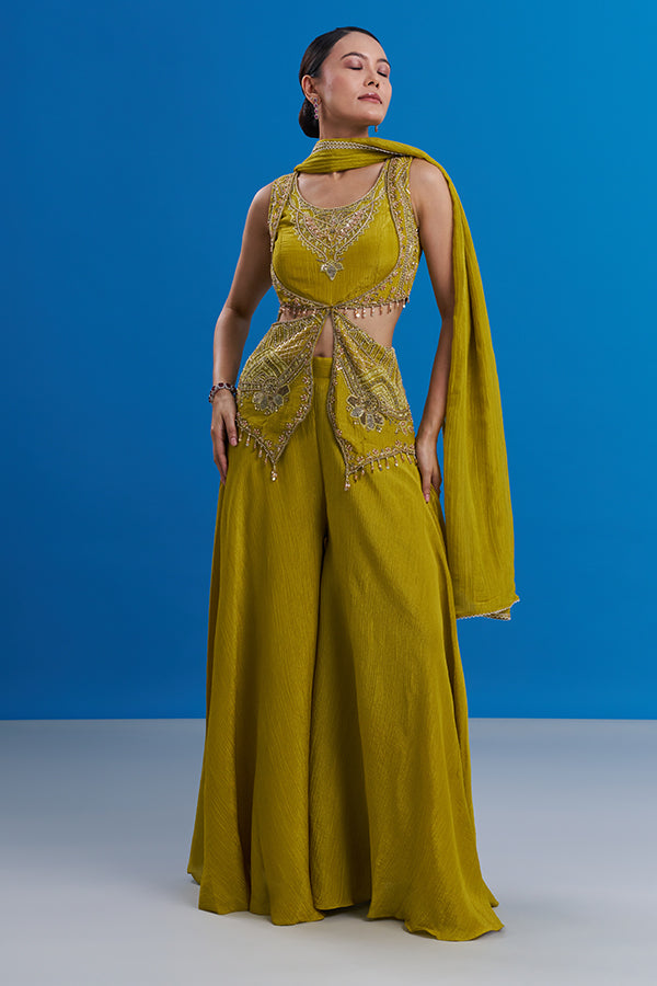 Green Shimmer Sharara Set with Bead Embroidery