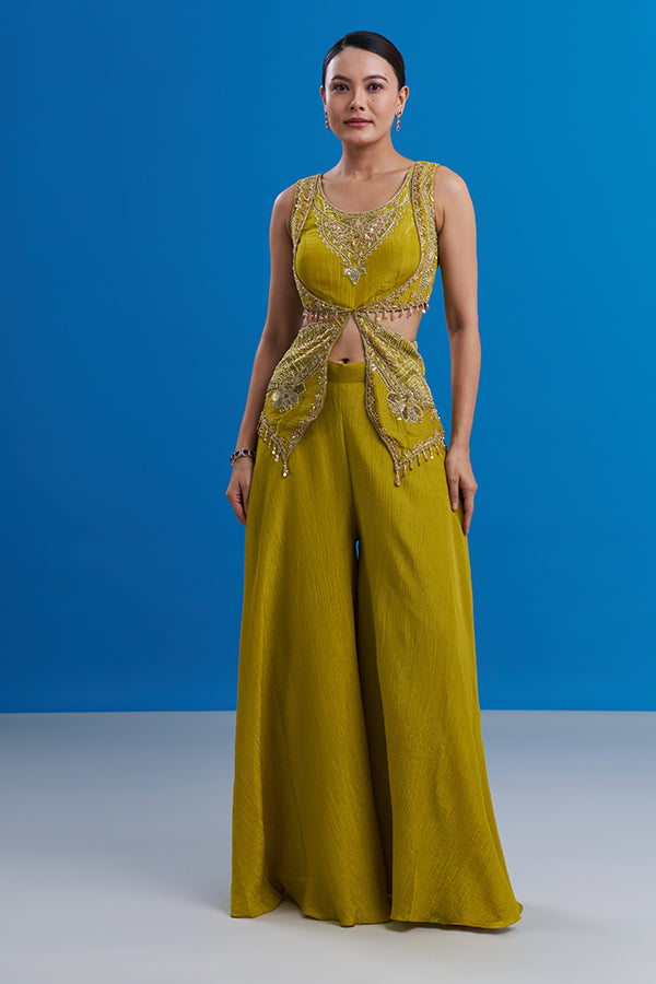 Green Shimmer Sharara Set with Bead Embroidery